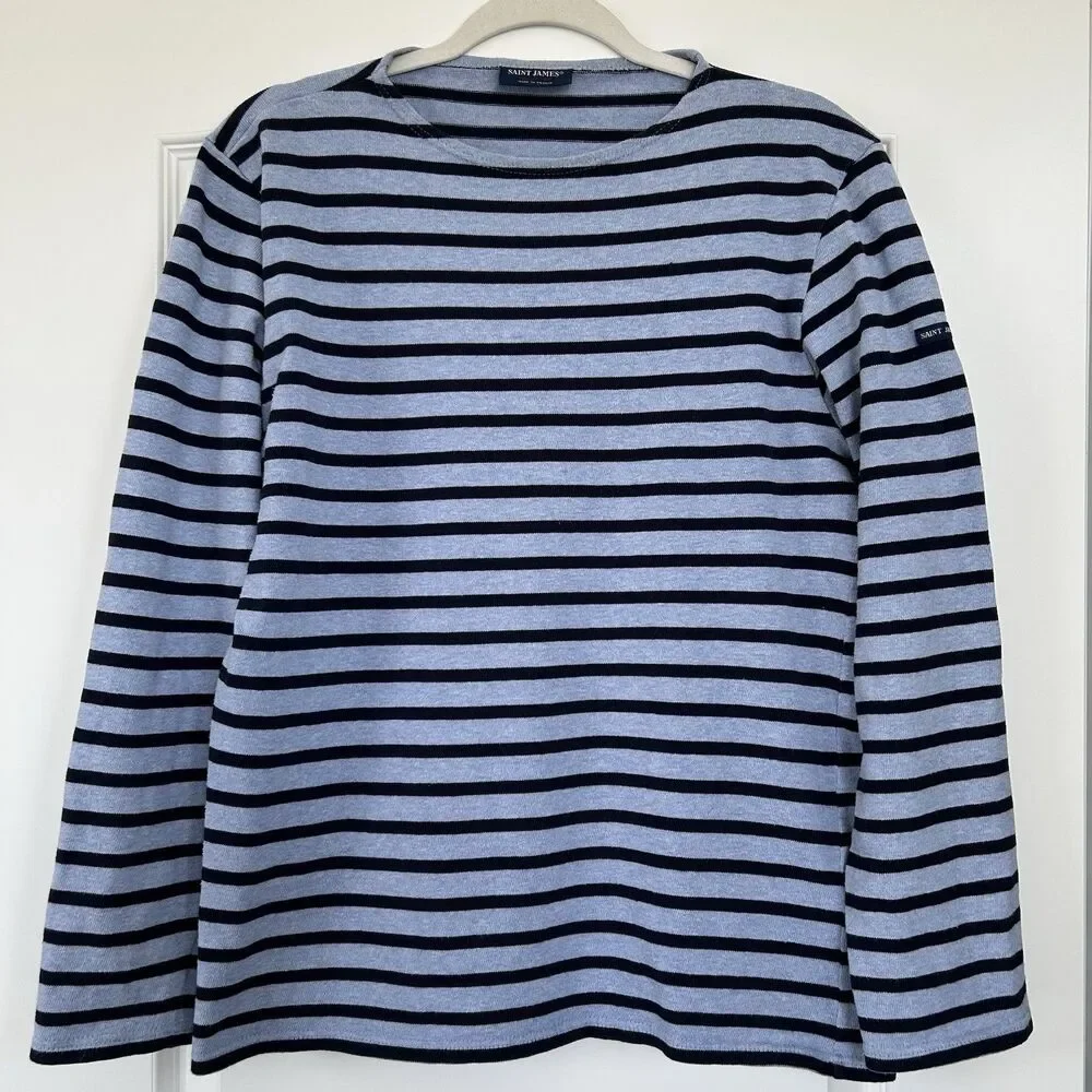 Saint James Top Womens Breton Blue Striped M Boatneck Long Sleeve Preppy France - Picture 1 of 12